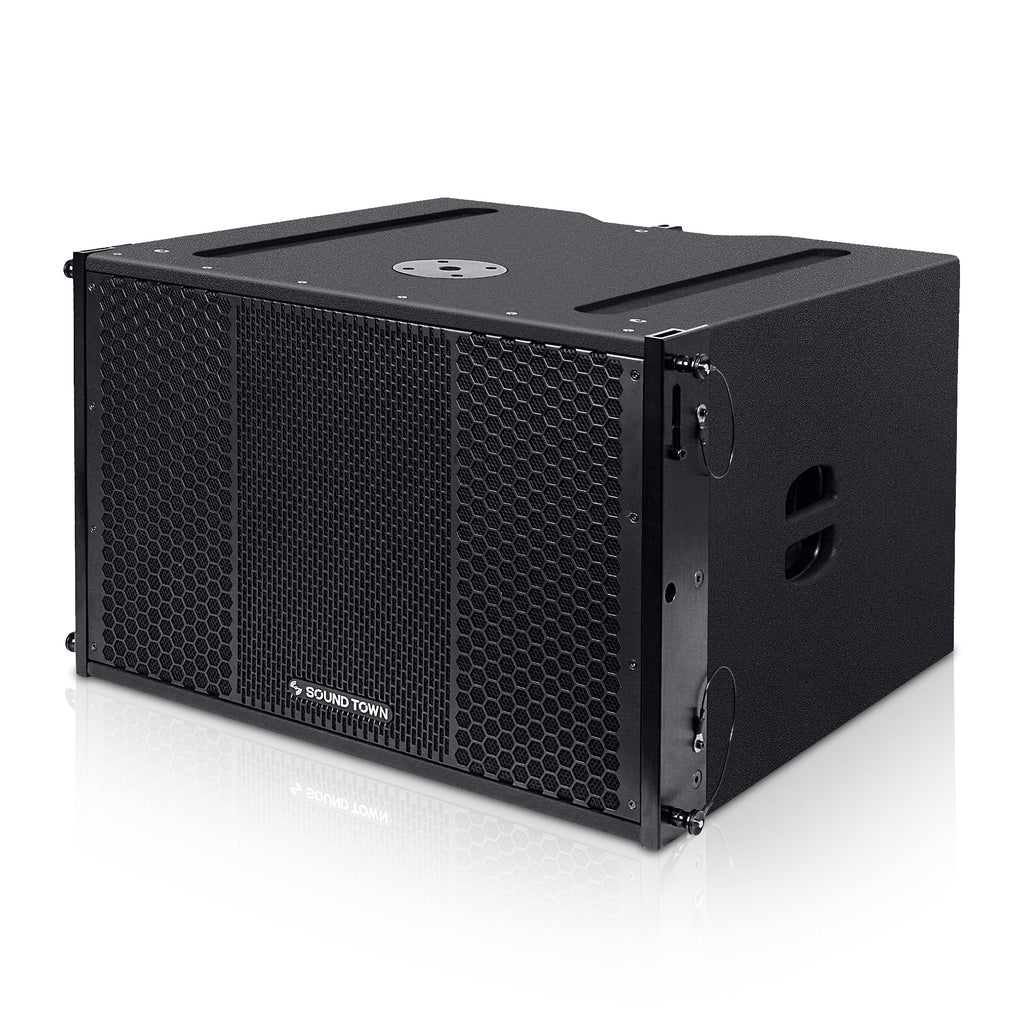 Sound Town ZETHUS-115SPW110PWX2 | ZETHUS Series 15” 1200W Powered Line Array Subwoofer with DSP, LPF, Black - Left Panel