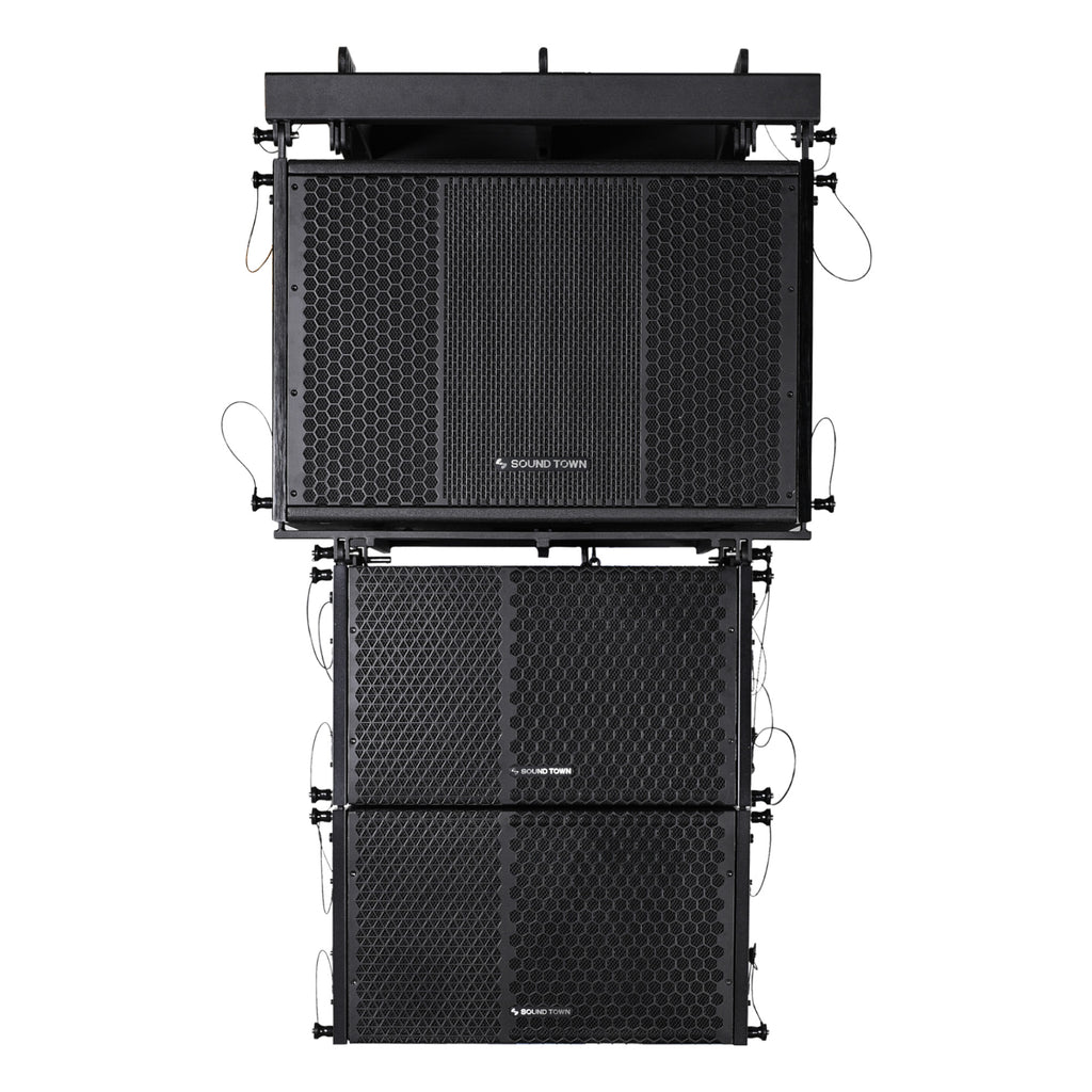 Sound Town ZETHUS-115SPW110PWX2 | ZETHUS Series Powered Line Array Speaker System w/ One 15" Subwoofer, Two 10" Loudspeakers with Onboard DSP, LPF, Black - Front Panel
