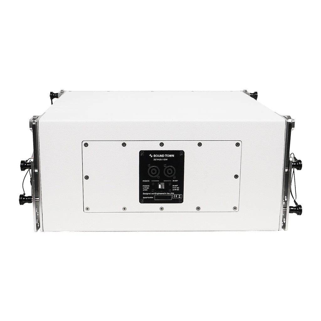 Sound Town ZETHUS-115SW110WX4 ZETHUS Series 10" Passive Two-Way Line Array Loudspeaker System with Titanium Compression Driver, Full Range/Bi-amp Switchable, White - Back Panel