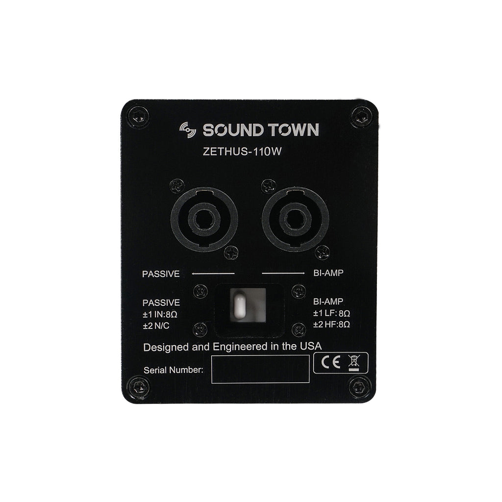Sound Town ZETHUS-115SW110WX4 ZETHUS Series 10" Passive Two-Way Line Array Loudspeaker System with Titanium Compression Driver, Full Range/Bi-amp Switchable, White - Jack Plate