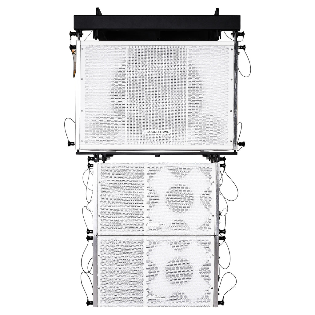 Sound Town ZETHUS-115SWPW110WX2 ZETHUS Series Line Array Speaker System with One 15-inch Powered Line Array Subwoofer with DSP, LPF, Two Compact 1 X 10-inch Line Array Speakers, White - Front Panel