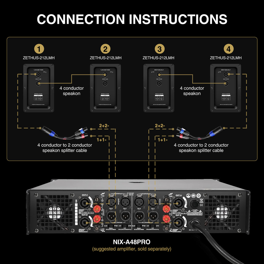 Sound Town ZETHUS-212LMH Dual 12" 3-Way 3200W Full-Range Variable Curvature Line Array Loudspeaker, w/ Coaxial Neodymium MF/HF, Neodymium LF, Plywood, Black with Recommended Amplifier NIX-A48PRO - Connection Instructions
