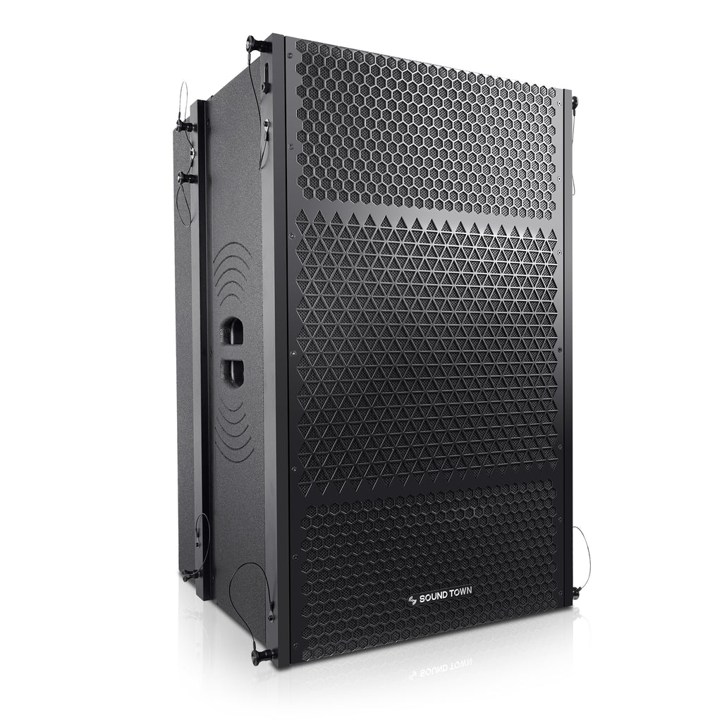 Sound Town ZETHUS-215SPW | ZETHUS Series Dual 15“ Powered 2400W Line Array Subwoofer w/ DSP, 2-Channel Class-D Amplifier, Birch Plywood, Black - Left View