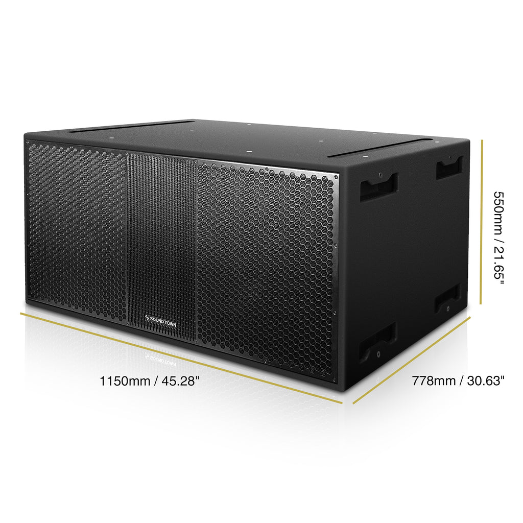 SOUND TOWN ZETHUS-218S208X4 ZETHUS Series Dual 18" 3200W High Power Line Array Passive Subwoofer, Black, for Stages, Bars, Clubs - Size & Dimensions