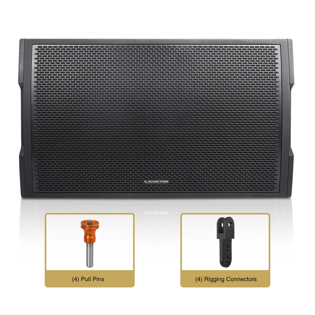Sound Town ZETHUS-IP118S210X4 ZETHUS Series 18" 2400W Water-Resistant Passive Line Array Subwoofer with 4.5" Voice Coil, Carbon Fiber Cone, Black - Front Panel, Package Contents