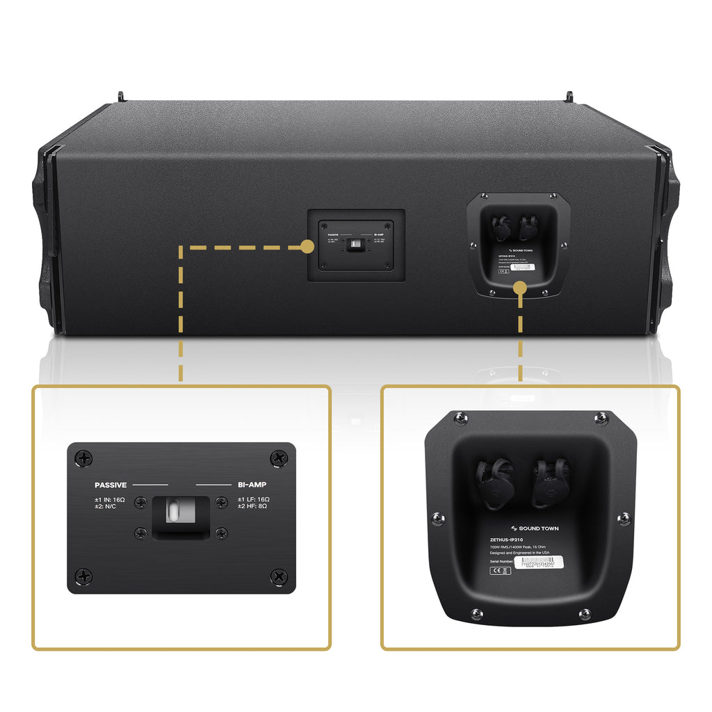 Sound Town ZETHUS-IP118S210X4 Dual 10" Water-Resistant Passive Line Array Loudspeaker, with Italian Neodymium Drivers, Full Range/Bi-Amp Switchable, Black - 4-Pin Speakon Input/Output, Back Panel