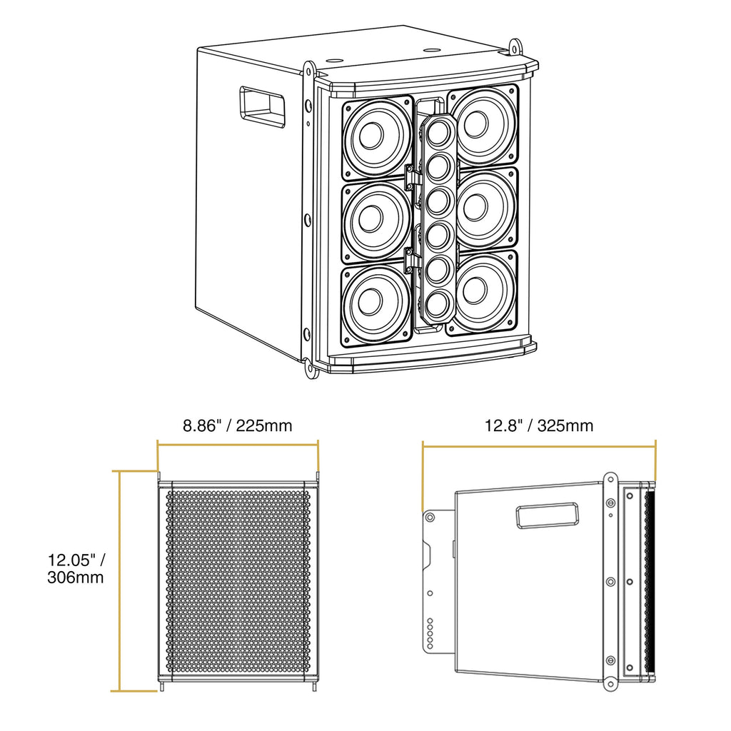 Sound Town ZETHUS-M3PW-R | REFURBISHED: ZETHUS Series Pair Ultra-Compact Powered Line Array PA Speakers, w/ Class-D amp, DSP, for Live Sound, Stage, Clubs, Churches and Schools - Size and Dimensions