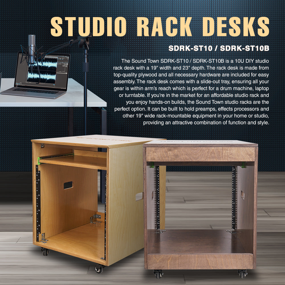 Sound Town SDRK-ST10 10U Space Plywood Studio Equipment Rack Desk w/ Slide-Out Tray, Rubber Feet, Casters, for Recording, Podcasts, Broadcasts, Streaming, Golden Oak - home or recording studio ad