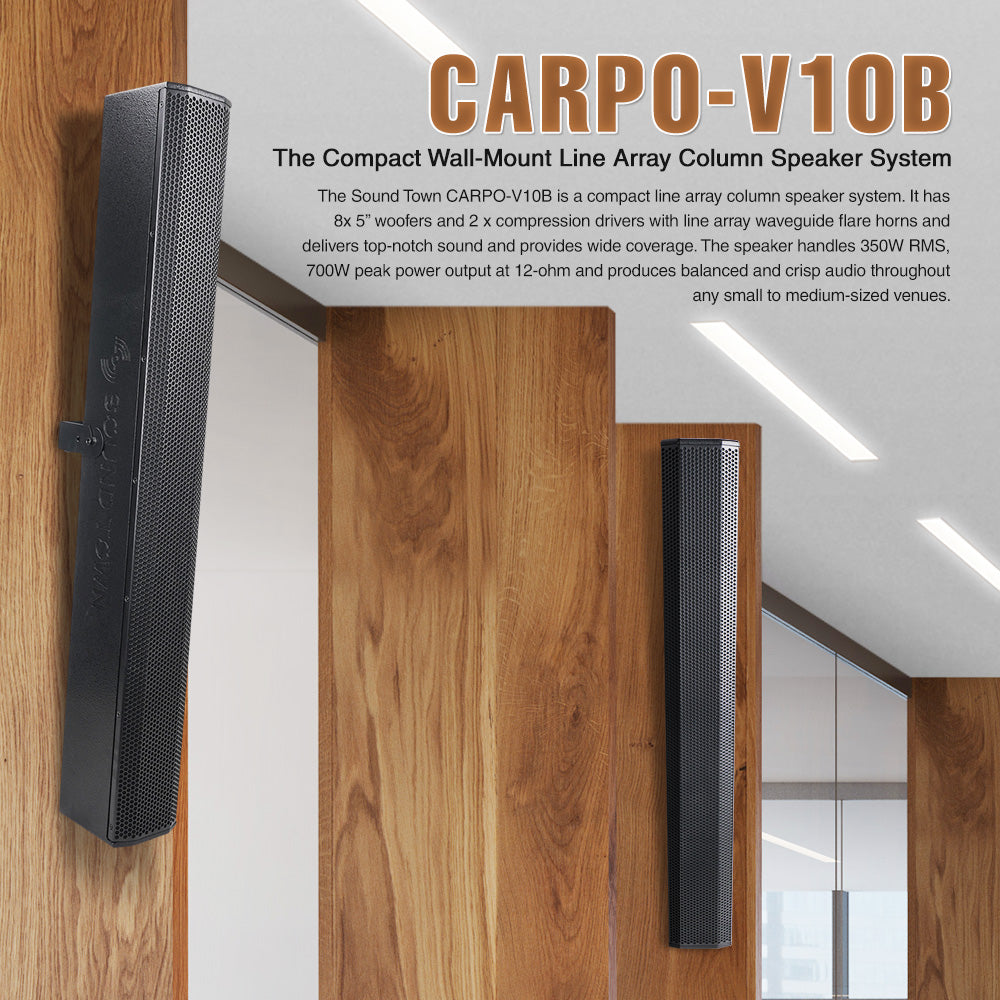 Sound Town CARPO-V10B-R Passive Wall-Mount Column Mini Line Array Speaker with 8 x 5” Woofers, Black for Live Event, Church, Conference, Lounge, Refurbished - The Compact Wall-Mount Line Array Column Speaker System