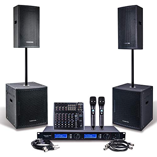 Professional PA System Set with 12" Powered PA speakers, 15" Powered Subwoofers, 200-Channel Wireless Microphone System, 12-Channel Audio Mixer and Audio Cables (CARME112115-NESO-S1)