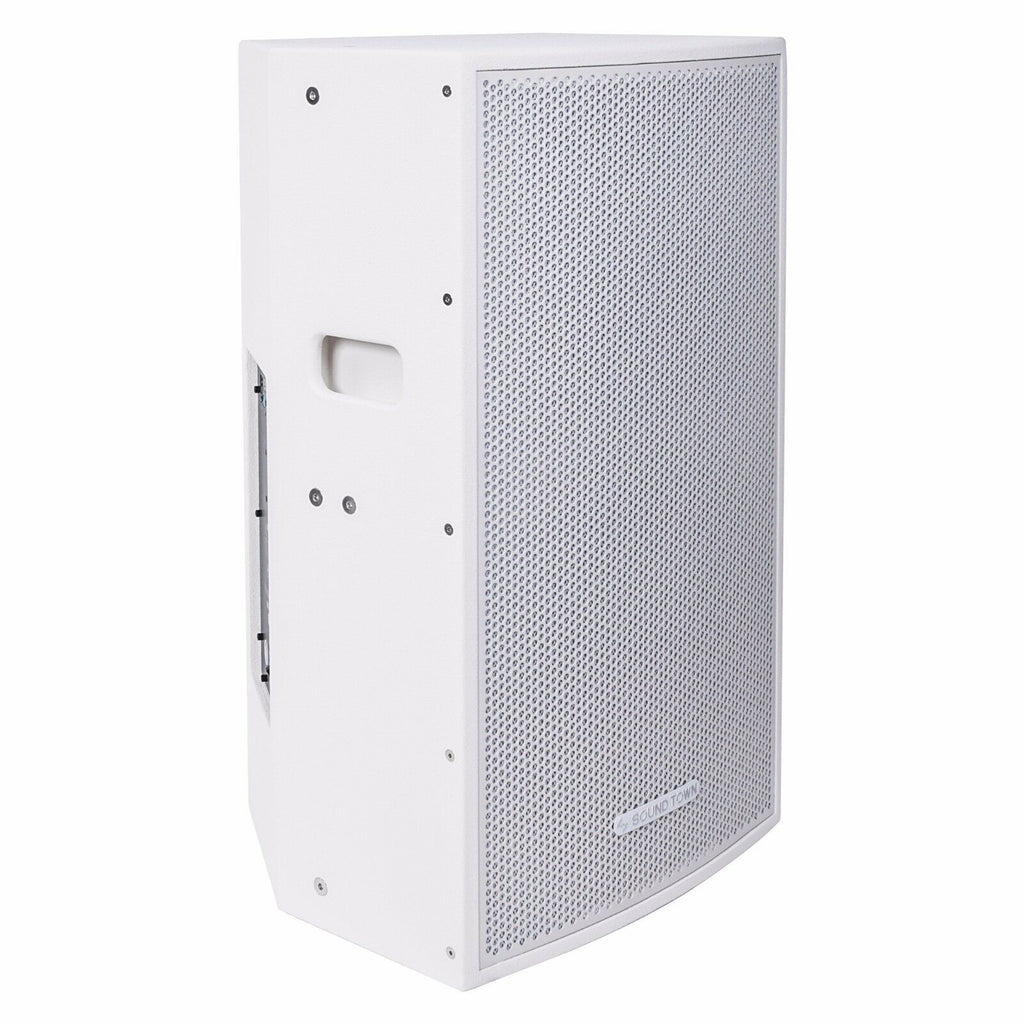 Sound Town CARME-115WPW18SWPW CARME Series 15" 2-Way Powered Professional PA DJ Monitor Speaker, White w/ Compression Driver for Installation, Live Sound, Karaoke, Bar, Church - right side view