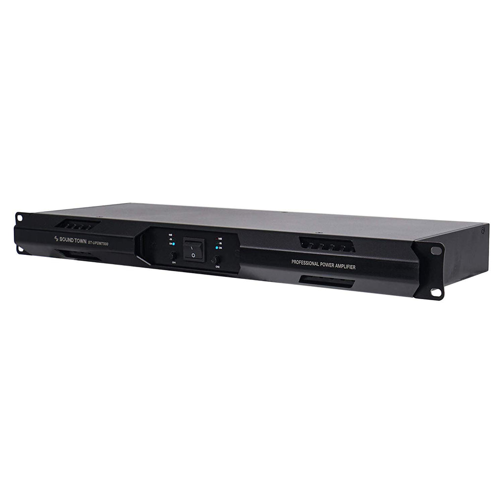 Sound Town ST-UPDM7500 1U Class-D UPDM 7500W Peak Output, Ultra-Lightweight, DJ PA 2-Channel Power Amplifier, 2 x 1700W at 4-Ohm, 2 x 950W at 8-Ohm - left panel