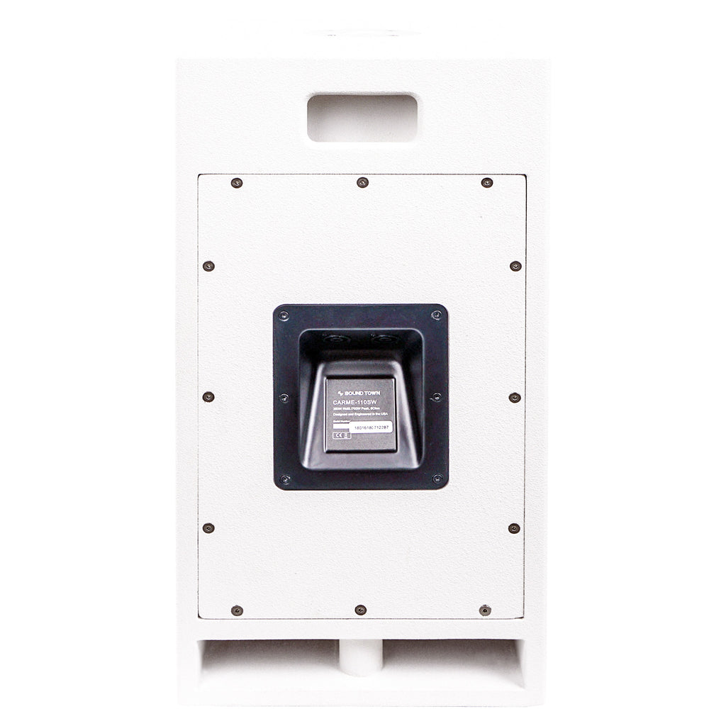 Sound Town CARME-110SW CARME Series 10” 700W Passive PA/DJ Subwoofer w/Folded Horn Design, White - back panel