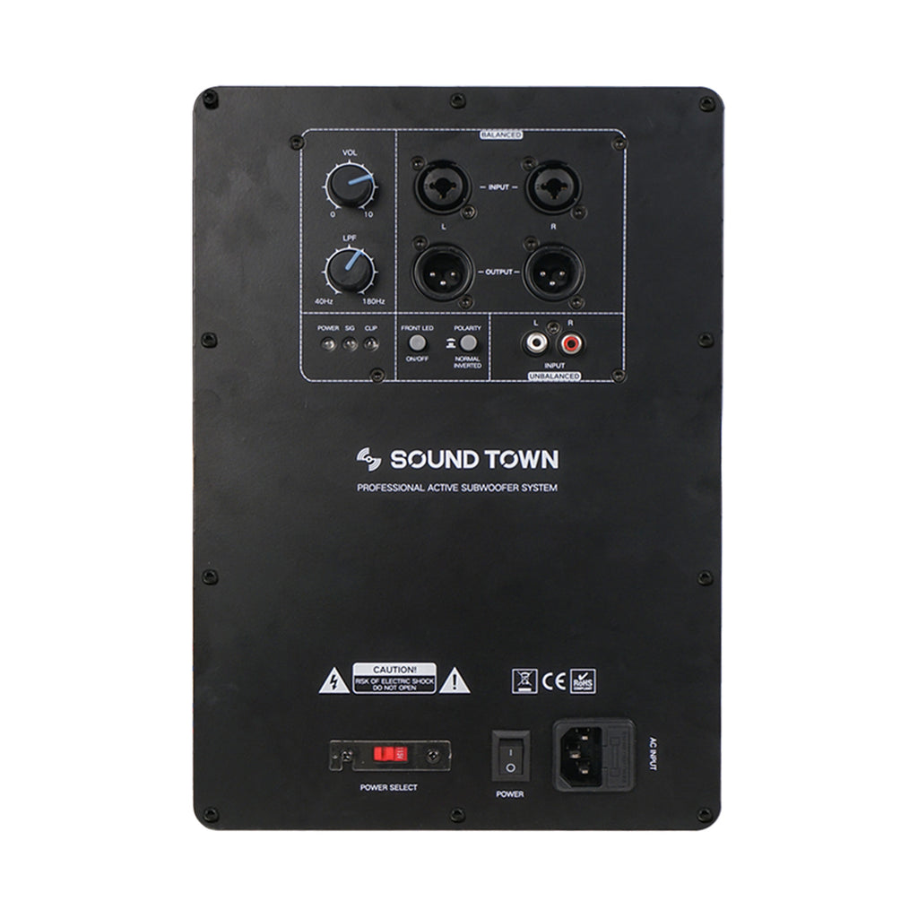 Sound Town CARME-112SPW-PAIR CARME Series 10” 600W Powered PA/DJ Subwoofer with Folded Horn Design, Black - Amp Plate