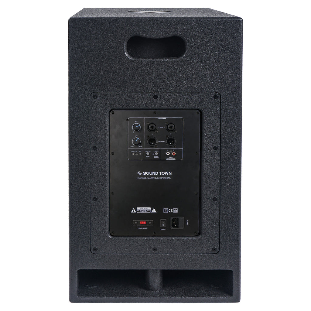 Sound Town CARME-112SPW-V5PW CARME Series 10” 600W Powered PA/DJ Subwoofer with Folded Horn Design, Black - Back Panel