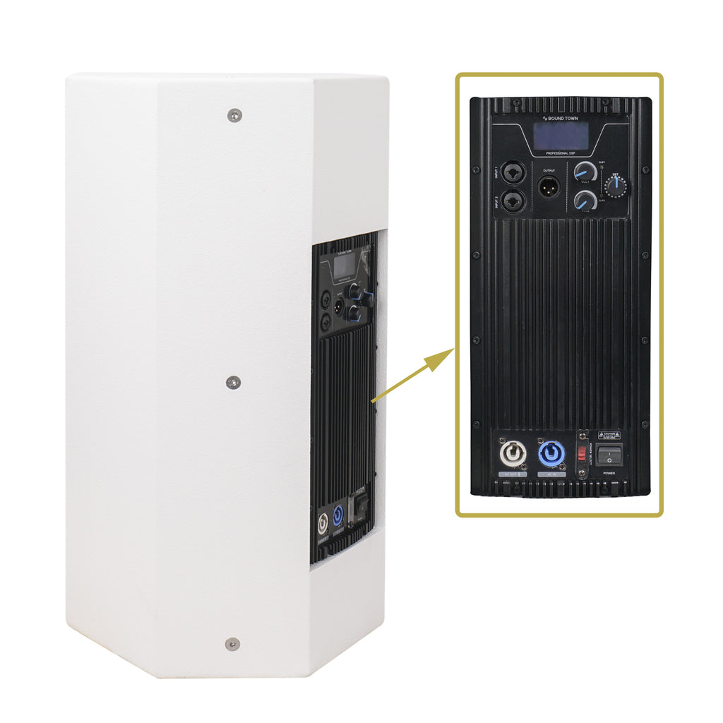 Sound Town CARME-115WPW18SWPW CARME Series 15" 2-Way Powered Professional PA DJ Monitor Speaker, White w/ Compression Driver for Installation, Live Sound, Karaoke, Bar, Church - back panel with AMP