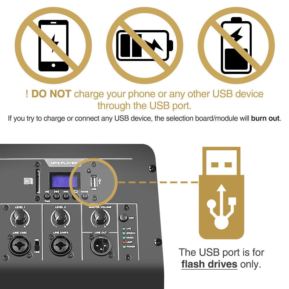 Sound Town CARPO-L2SWM01 Portable PA/DJ System w/ 12" Powered Subwoofer, 8 x 3" Column Speaker and Two UHF Wireless Microphones - Do not charge through the USB Port.