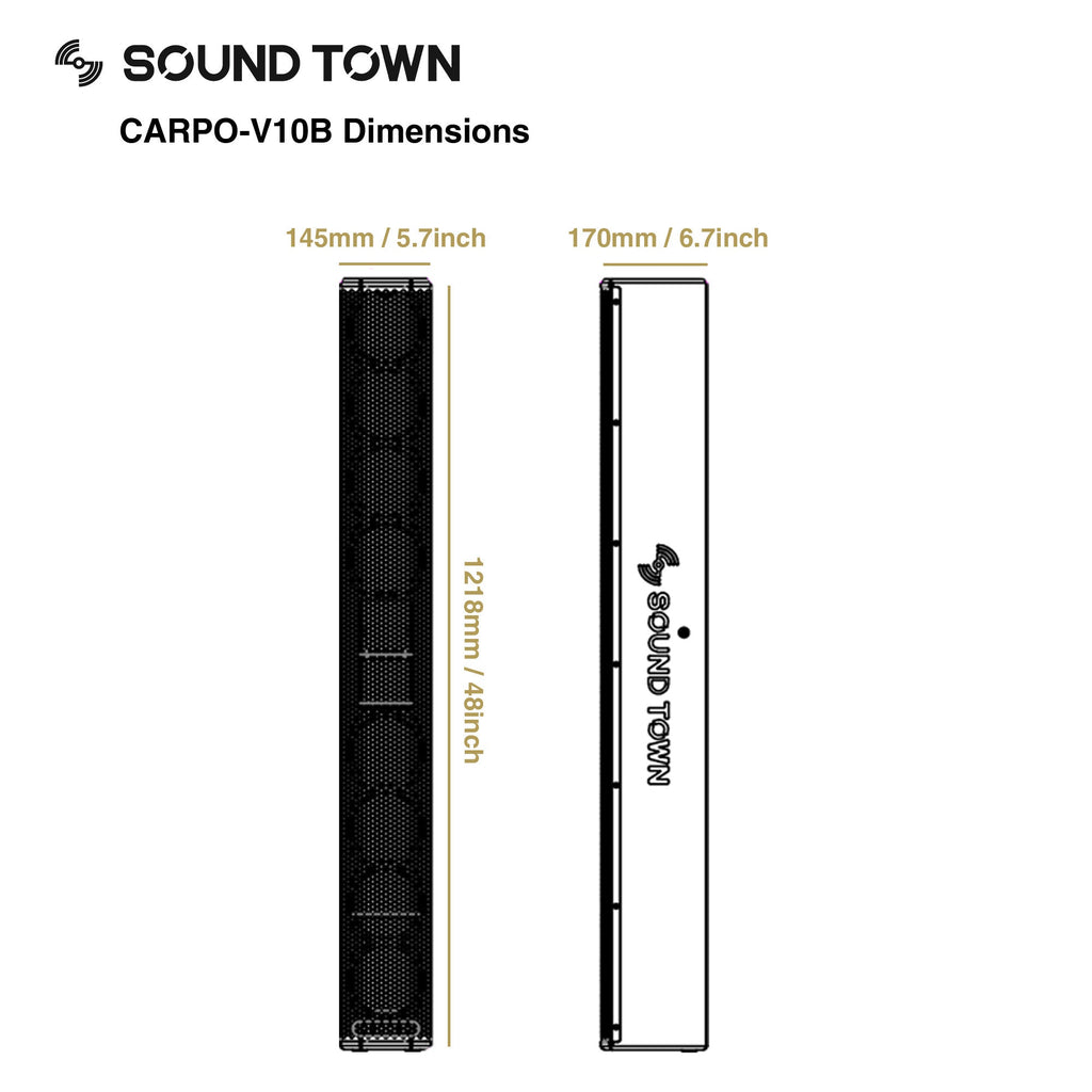 Sound Town CARPO-V10B-R Passive Wall-Mount Column Mini Line Array Speaker with 8 x 5” Woofers, Black for Live Event, Church, Conference, Lounge, Refurbished - Size and Dimensions