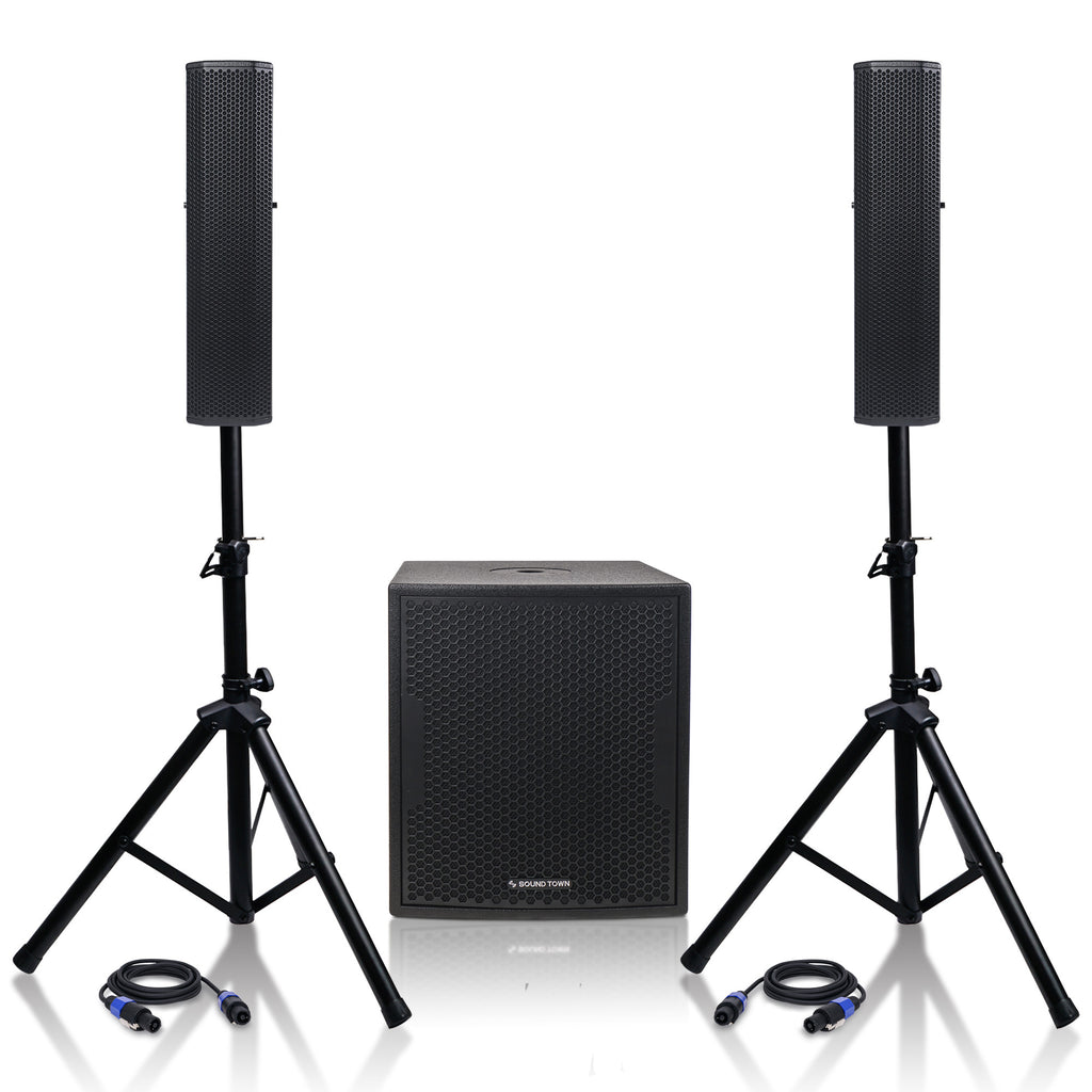 Sound Town CARPO-V5B12 Subwoofer and Column Speaker Line Array System, with Two 500W Passive Column Speakers and One 12” 1400W Powered Subwoofer