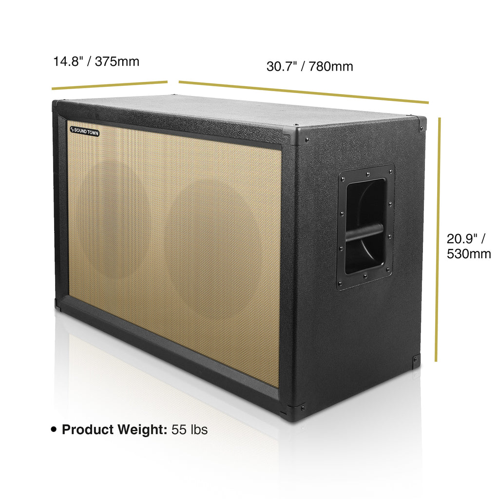 Sound Town GUC212BK 2 x 12" Guitar Speaker Cabinet, Birch Plywood, Black Tolex, Wheat Cloth Grille - Size, Dimensions, and Weight