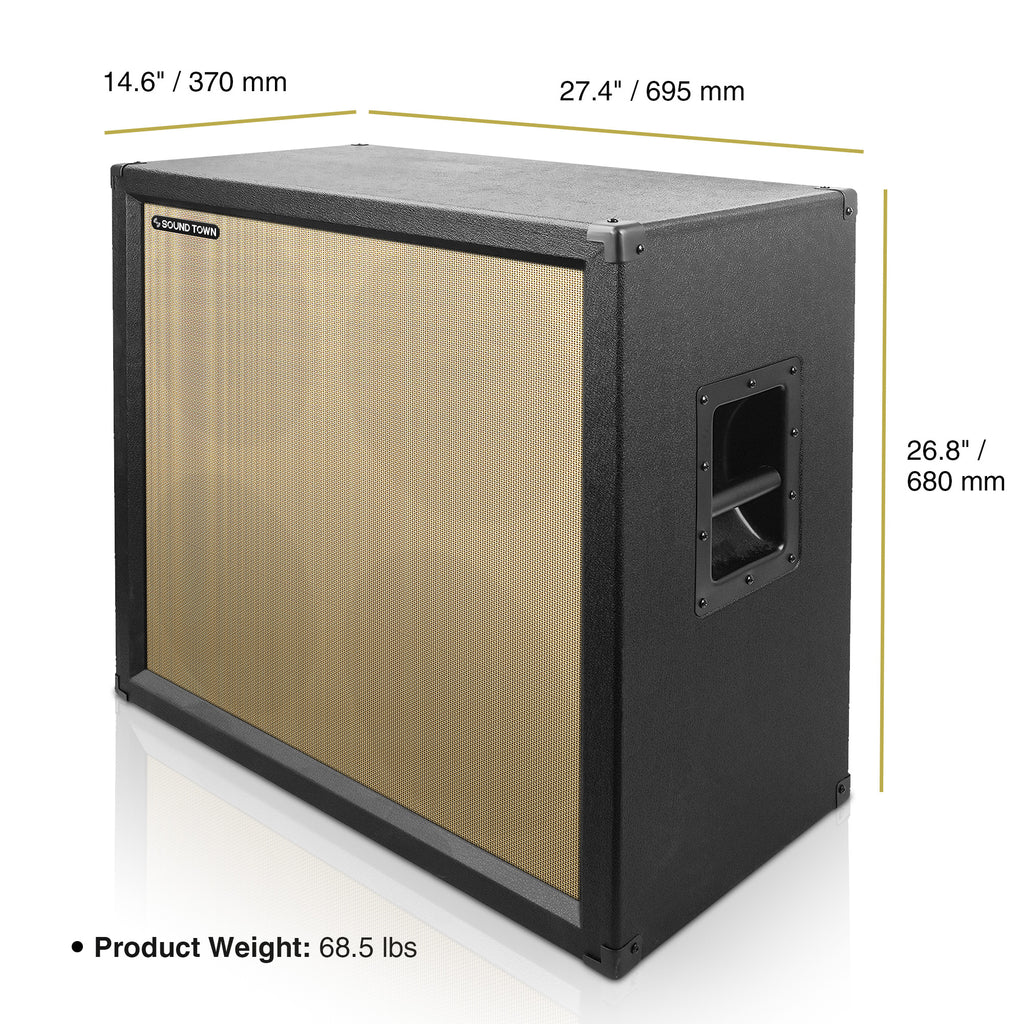 Sound Town GUC412BK 4 x 12" 260W Guitar Speaker Cabinet, Birch Plywood, Black Tolex, Wheat Cloth Grille - Size, Dimensions, and Weight