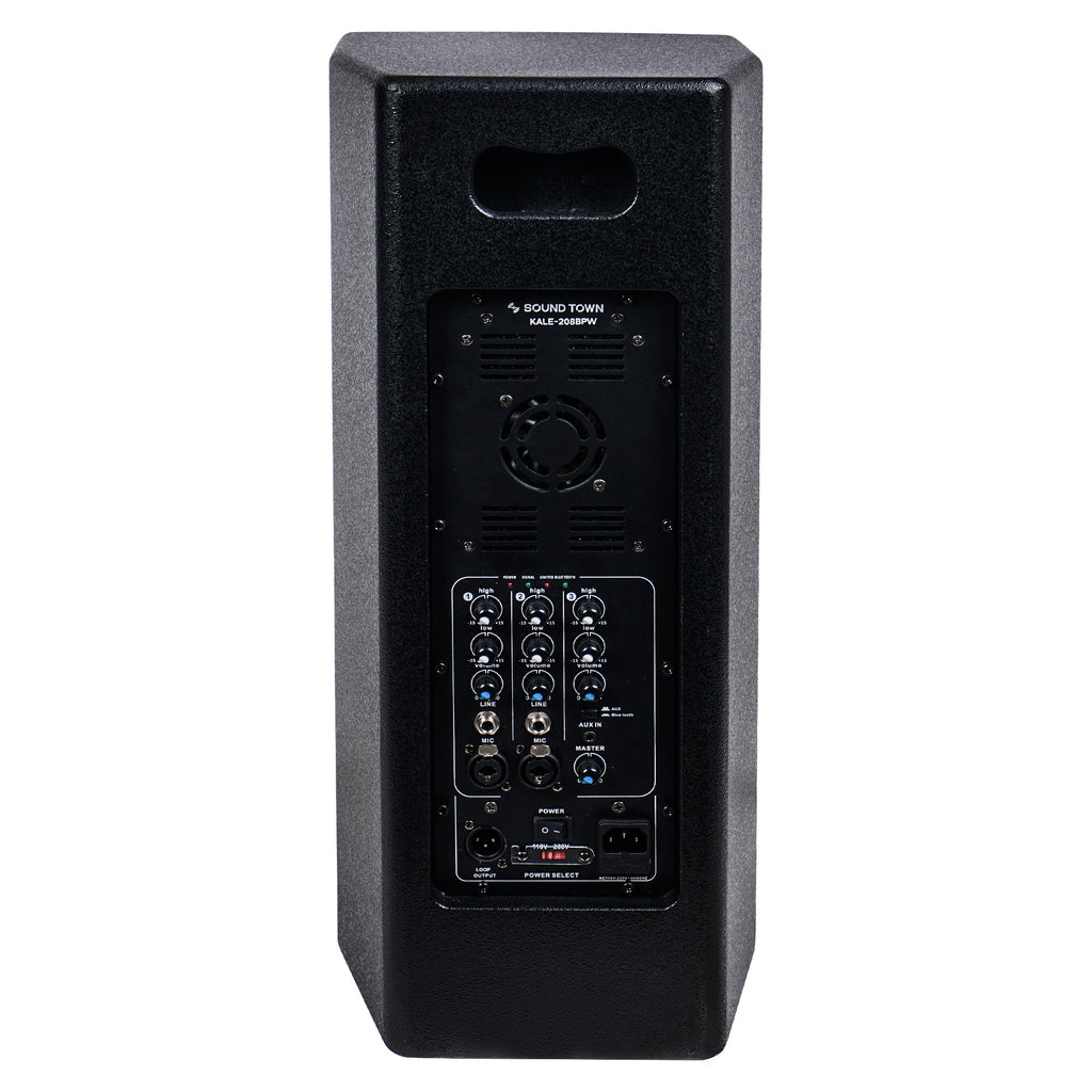 Sound Town KALE-208BPW KALE Series Dual 8” 600W Powered DJ PA Speaker with Bluetooth, Titanium Compression Driver and 3-Channel Mixer, Black - Back Panel