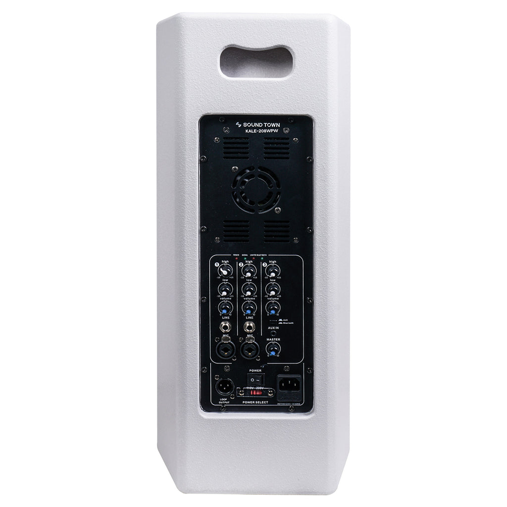Sound Town KALE-208WPW KALE Series Dual 8” 600W Powered DJ PA Speaker with Bluetooth, Titanium Compression Driver and 3-Channel Mixer, White - Back Panel