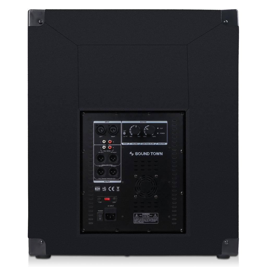 Sound Town METIS-18PWG-PAIR Pair of 18" 2400W Powered Subwoofers with Class-D Amplifiers, 4" Voice Coils, High-Pass Filters - Back Panel