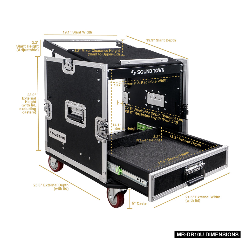 Sound Town MR-DR10U 10U PA DJ Pro Audio Rack/Road ATA Case w/ 2U Drawer, 11U Slant Mixer Top, Casters, Pro Tour Grade - internal & external size and dimensions.