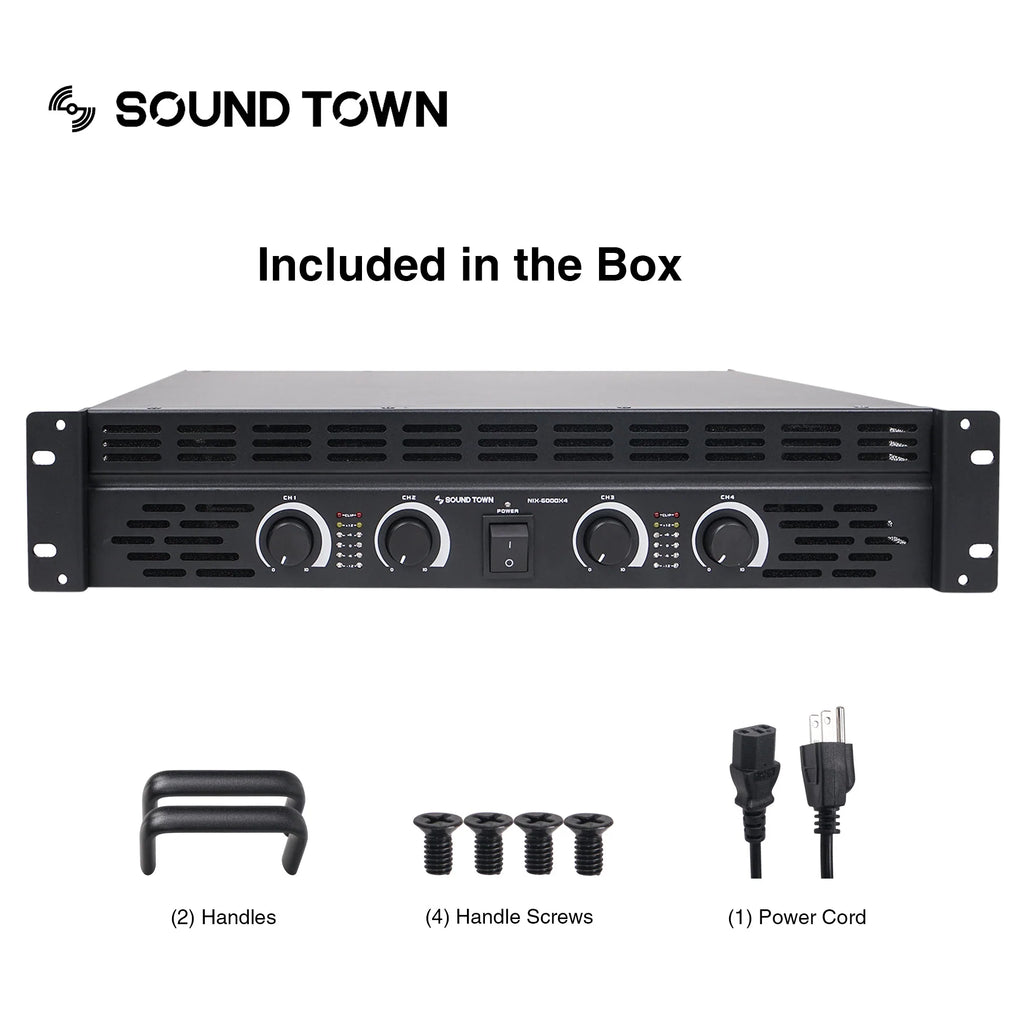 Sound Town NIX-6000X4-R 4-Channel 4 X 750W at 4-ohm, 6000W Peak Output Professional Power Amplifier, Refurbished - Included in the Box, package contents