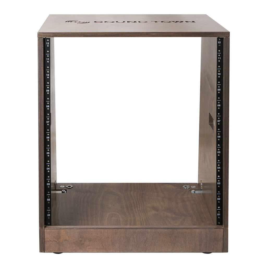 Sound Town SDRK-12TB | 12U (12 Space) DIY Slanted Studio Equipment Rack, Plywood, Weathered Brown w/ Rubber Feet, Casters, for Recording Room, PA/DJ Pro Audio - Rack Mount Audio Cabinet Storage