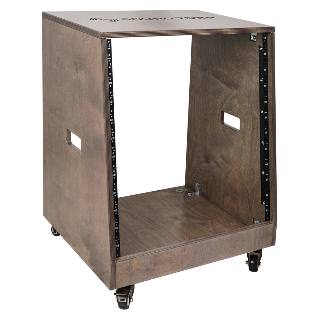 Sound Town SDRK-12TB | 12U (12 Space) DIY Slanted Studio Equipment Rack, Plywood, Weathered Brown w/ Rubber Feet, Casters, for Recording Room, PA/DJ Pro Audio for Rackmountable Audio Gear Organization
