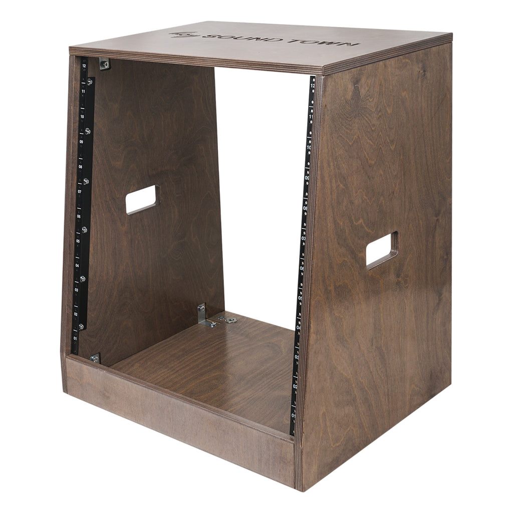 Sound Town SDRK-12TB | 12U (12 Space) DIY Slanted Studio Equipment Rack, Plywood, Weathered Brown w/ Rubber Feet, Casters, for Recording Room, PA/DJ Pro Audio - Audio Room Organization