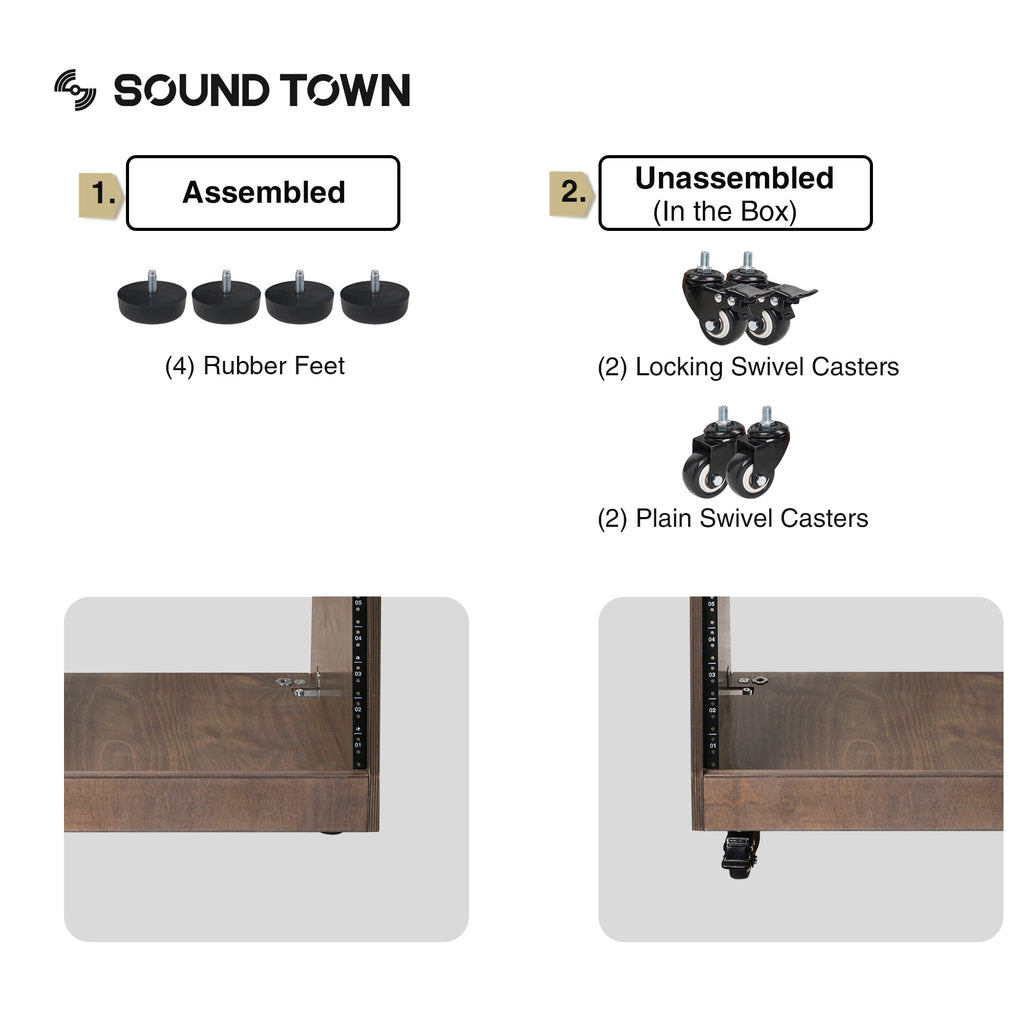 Sound Town SDRK-12TB | 12U (12 Space) DIY Slanted Studio Equipment Rack, Plywood, Weathered Brown w/ Rubber Feet, Casters, for Recording Room, PA/DJ Pro Audio - Assembled / Unassembled