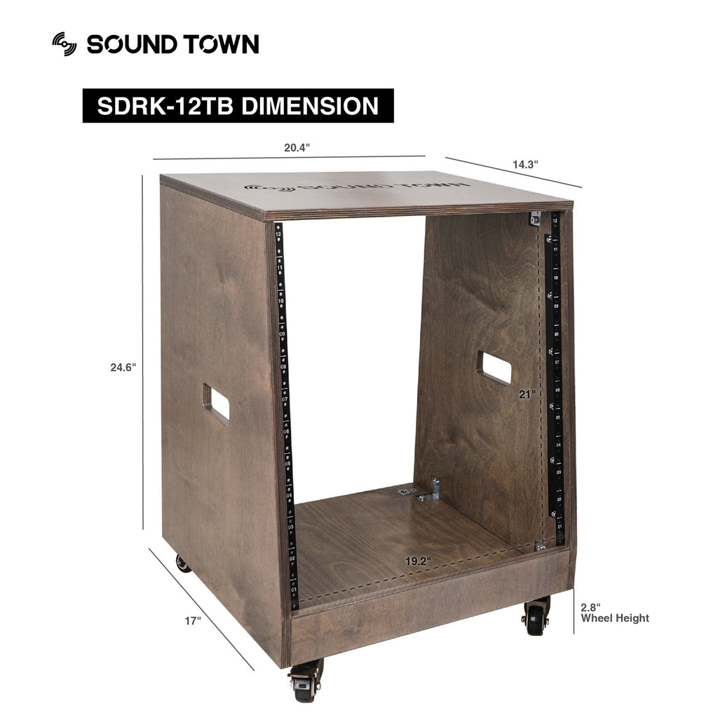 Sound Town SDRK-12TB | 12U (12 Space) DIY Slanted Studio Equipment Rack, Plywood, Weathered Brown w/ Rubber Feet, Casters, for Recording Room, PA/DJ Pro Audio, Size and Dimensions