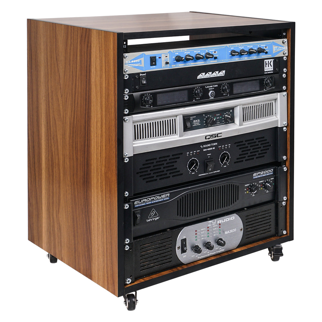 Sound Town SDRK-12WN 12U (12-Space) Studio Equipment Rack with Furniture Grade Walnut Laminate, Rubber Feet, Casters, for Recording Room, PA/DJ Pro Audio, DIY, for Crossover, Line Switcher, Amplifier, Microphone System, Rack Mountable Devices