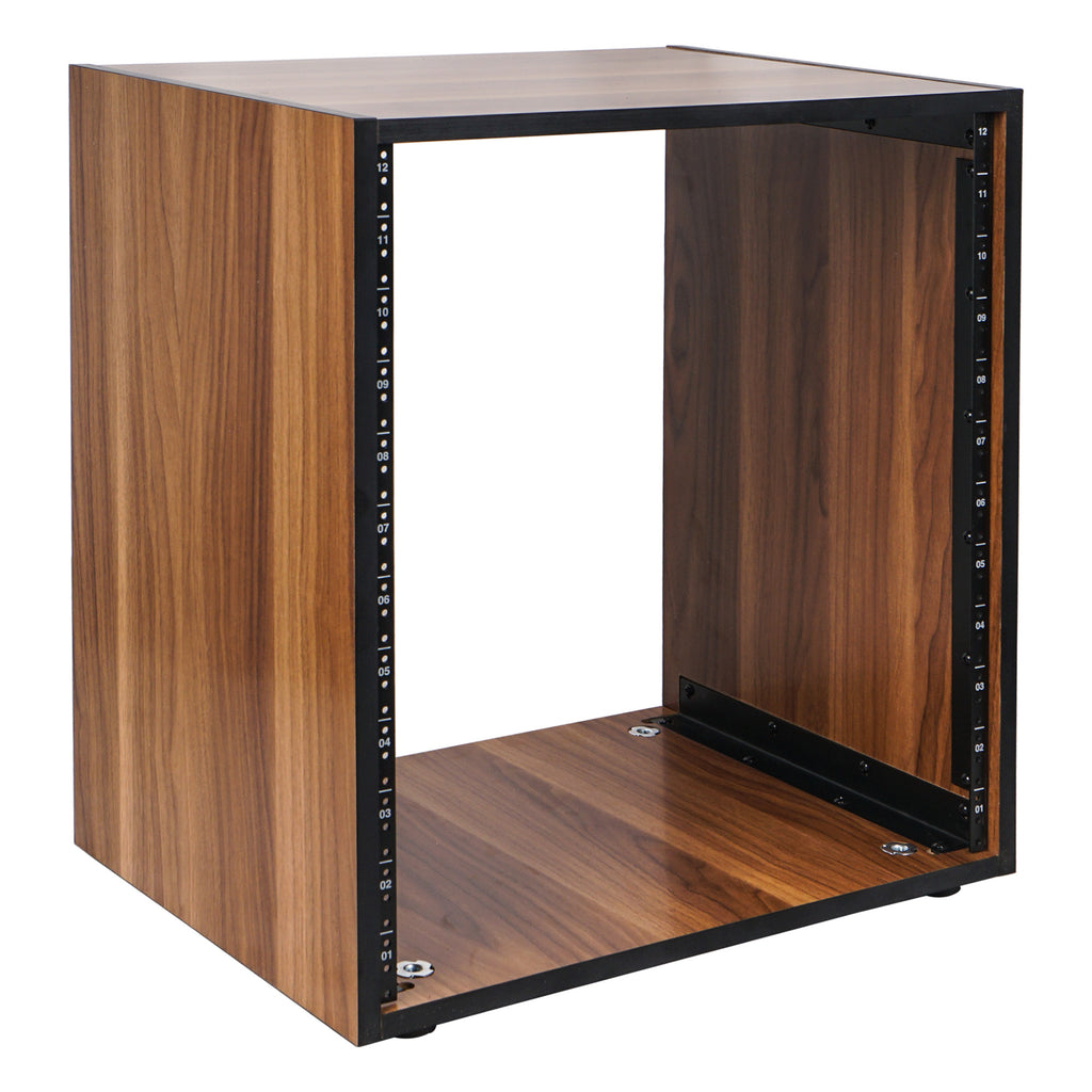 Sound Town SDRK-12WN 12U (12-Space) Studio Equipment Rack with Furniture Grade Walnut Laminate, Rubber Feet, Casters, for Recording Room, PA/DJ Pro Audio, DIY - Wood with Black Rails