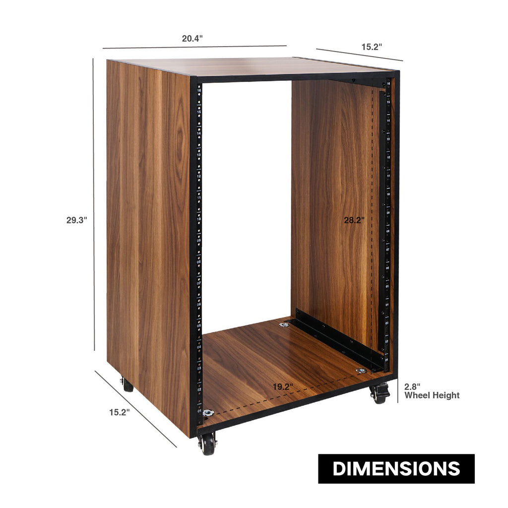 Sound Town SDRK-16WN 16U (16-Space) Studio Equipment Rack with Furniture Grade Walnut Laminate, Rubber Feet, Casters, for Recording Room, PA/DJ Pro Audio, DIY - internal and external size & dimensions