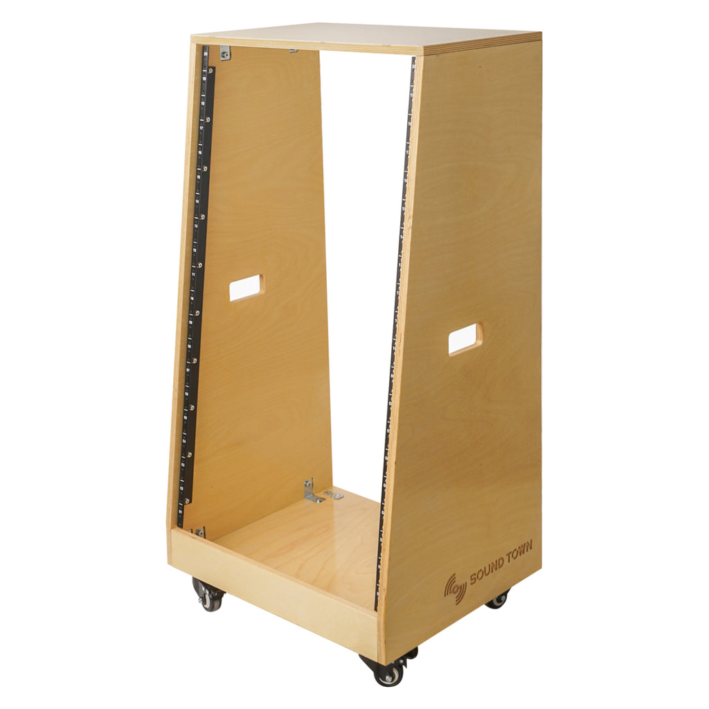 Sound Town SDRK-20T DIY Slanted 20U Studio Rack, Plywood, Golden Oak, with Rubber Feet, Casters - Left Side with Logo