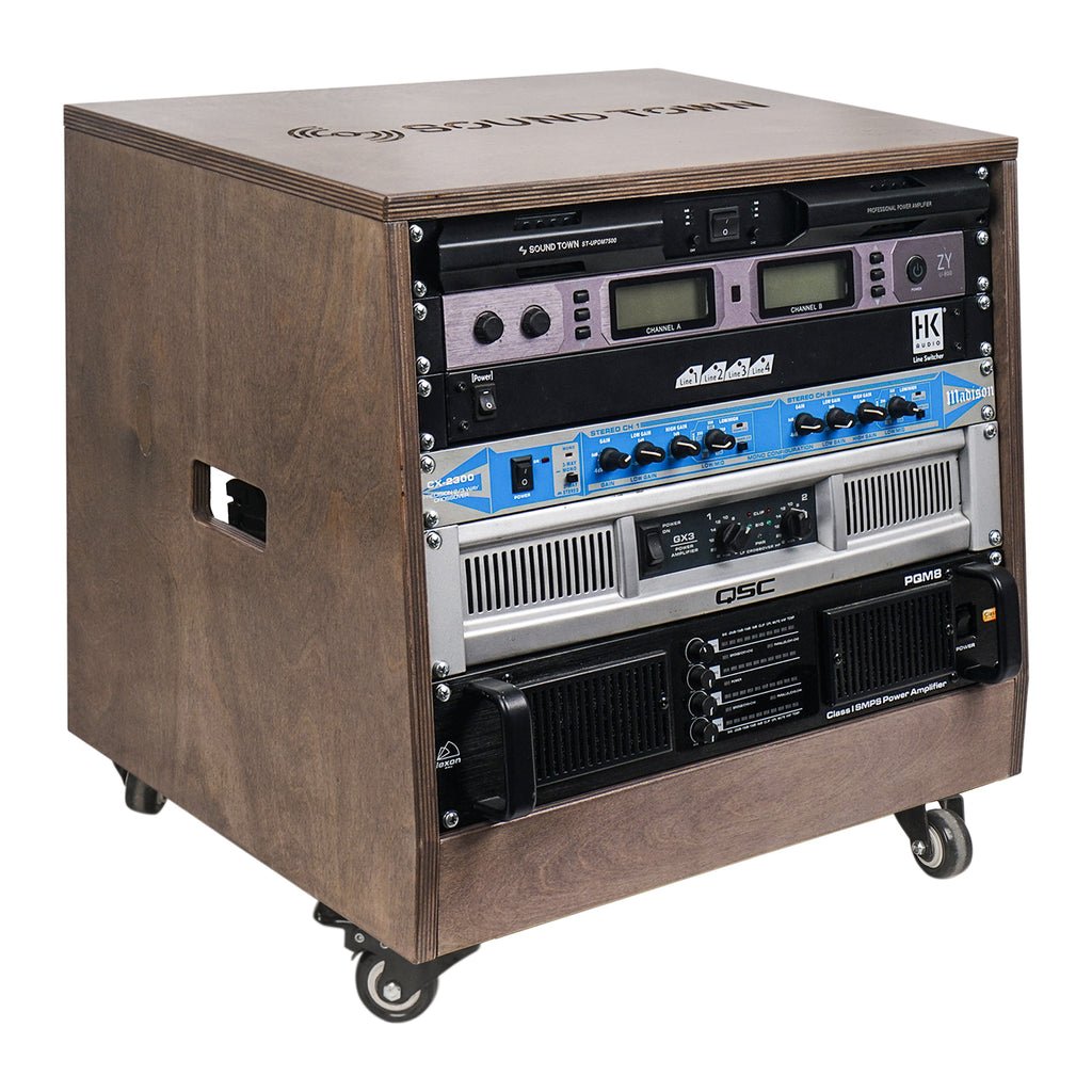 Sound Town SDRK-8TB 8U Space DIY Slanted Studio Equipment Rack w/ Plywood, Weathered Brown, Casters/Wheels, for Recording Room, PA/DJ Pro Audio, for Crossover Line Switcher Sequence Controller Amp