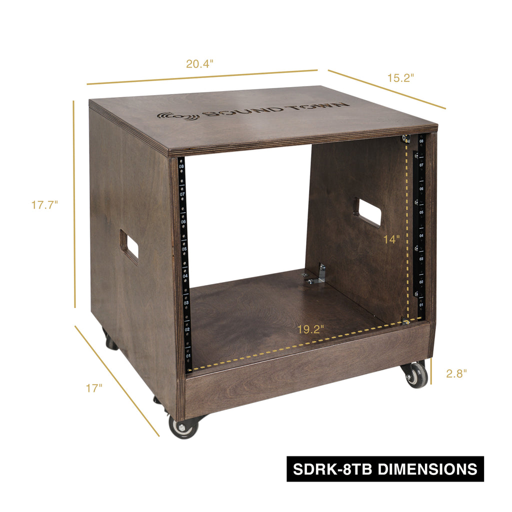 Sound Town SDRK-8TB 8U Space DIY Slanted Studio Equipment Rack w/ Plywood, Weathered Brown, Casters/Wheels, for Recording Room, PA/DJ Pro Audio - Size and DImensions