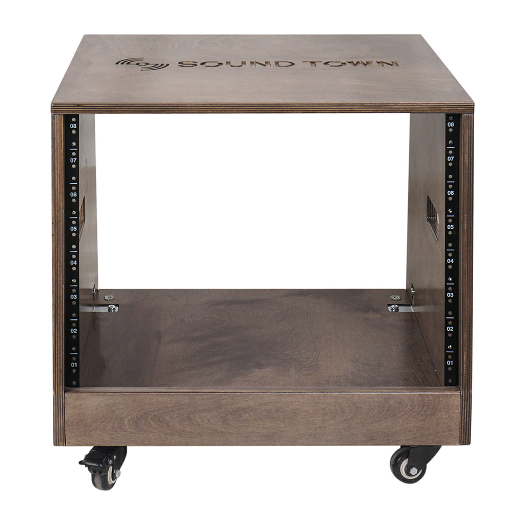 Sound Town SDRK-8TB 8U Space DIY Slanted Studio Equipment Rack w/ Plywood, Weathered Brown, Casters/Wheels, for Recording Room, PA/DJ Pro Audio, for Rackmountable Audio Gear Organization