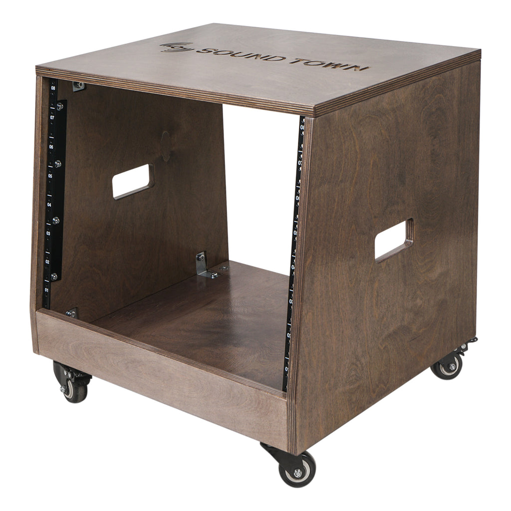 Sound Town SDRK-8TB 8U Space DIY Slanted Studio Equipment Rack w/ Plywood, Weathered Brown, Casters/Wheels, for Recording Room, PA/DJ Pro Audio - Left view, Angled Turret Design