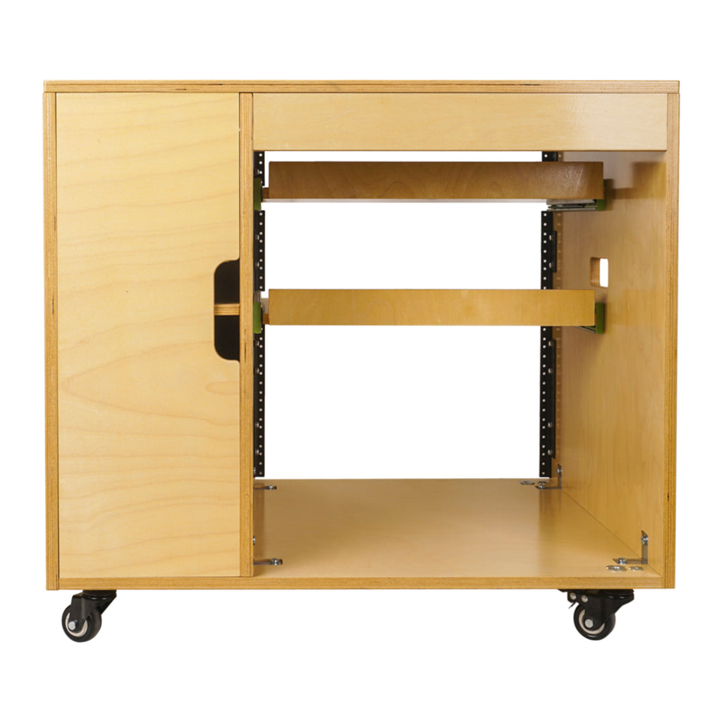 Sound Town SDRK-CR11 DIY 11U Plywood Studio Rack with Slide-Out Trays, Cabinet, Casters, Golden Oak, for Recording Room, Home Studio - Back View