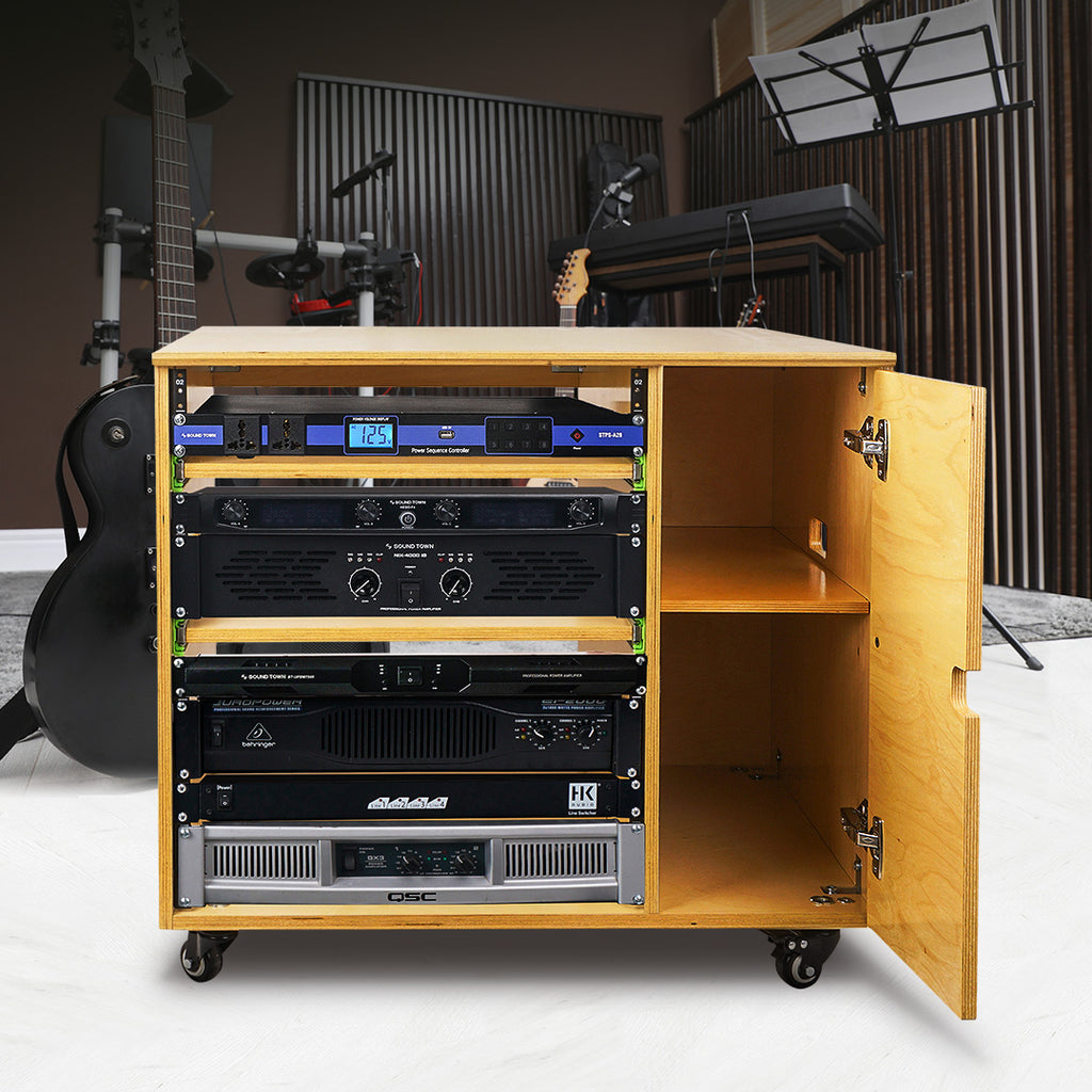 Sound Town SDRK-CR11 DIY 11U Plywood Studio Rack with Slide-Out Trays, Cabinet, Casters, Golden Oak, for Recording Room, Home Studio, Pro Audio Equipment