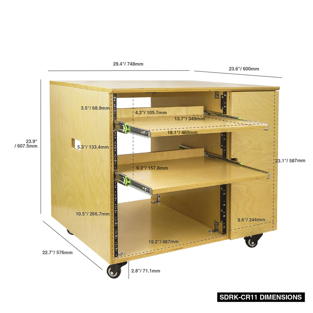 Sound Town SDRK-CR11 DIY 11U Plywood Studio Rack with Slide-Out Trays, Cabinet, Casters, Golden Oak, for Recording Room, Home Studio - Dimensions & Size