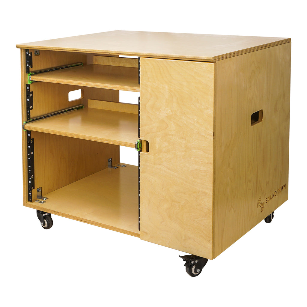 Sound Town SDRK-CR11 DIY 11U Plywood Studio Rack with Slide-Out Trays, Cabinet, Casters, Golden Oak, for Recording Room, Home Studio - Left Side with Logo