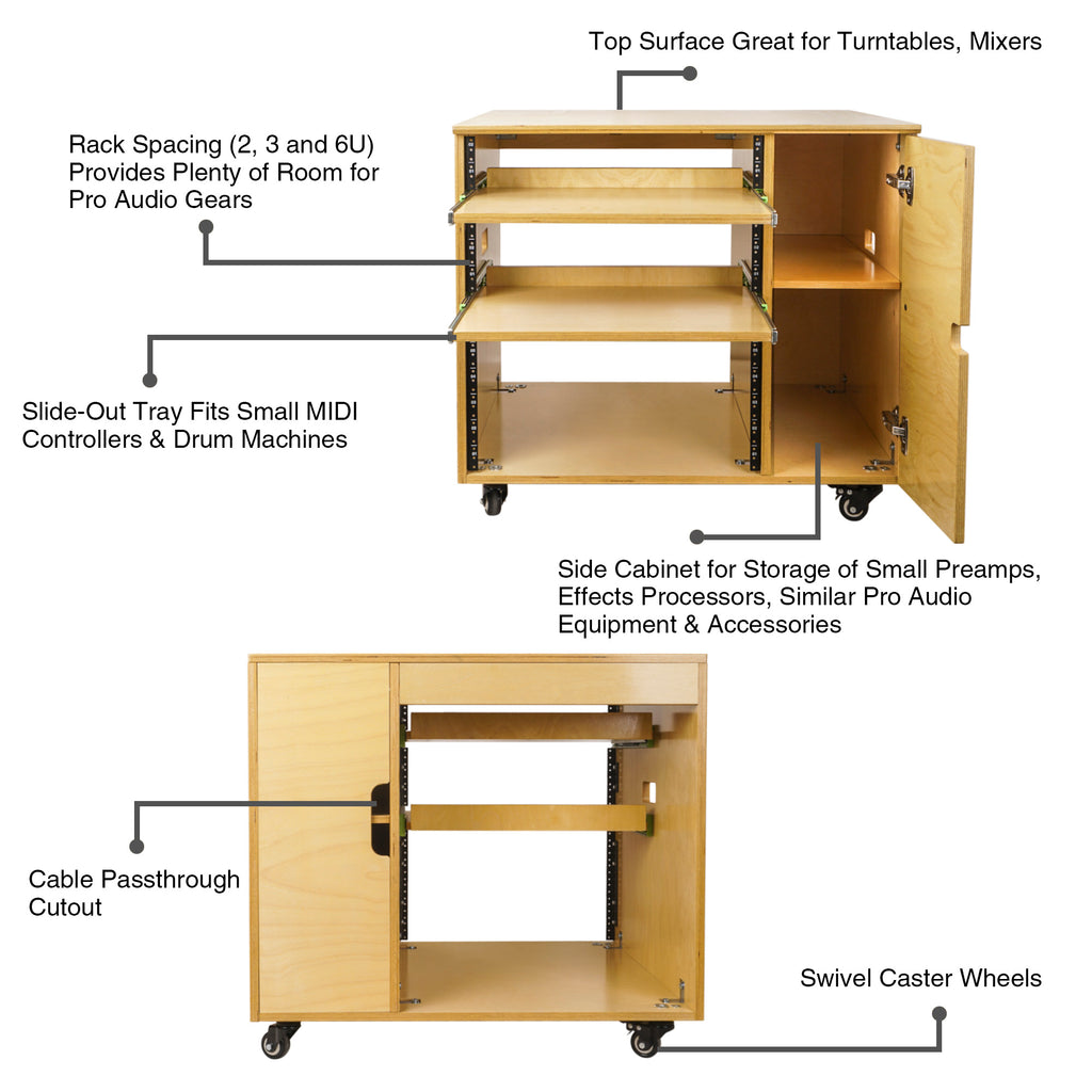 Sound Town SDRK-CR11 DIY 11U Plywood Studio Rack with Slide-Out Trays, Cabinet, Casters, Golden Oak, for Recording Room, Home Studio - Features, Side Storage for Small Preamps, Effects Processors, Pro Audio Equipment and Accessories, Cable Passthrough Cutout, Top Surface for Turntables, Mixers, Rackmountable Gear