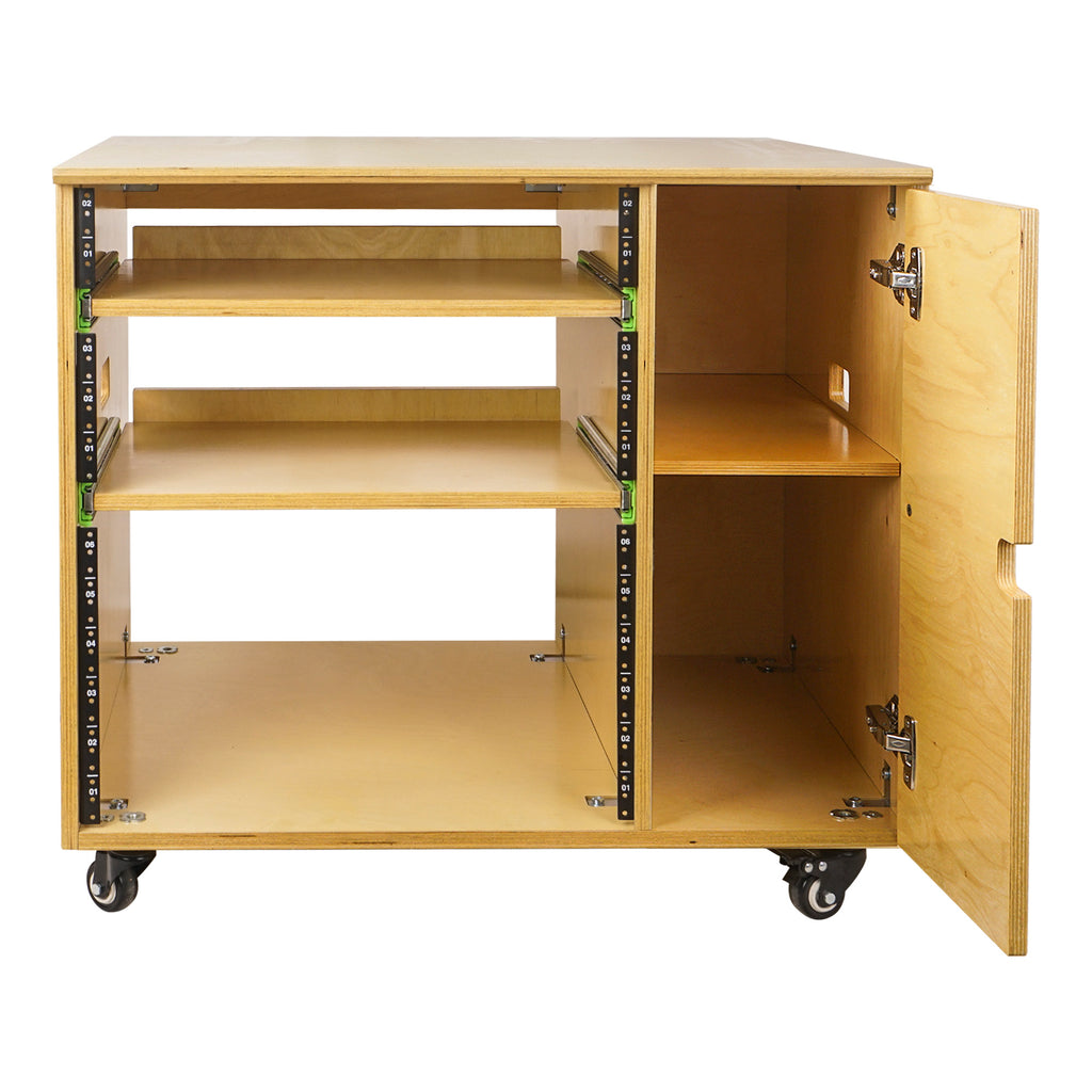 Sound Town SDRK-CR11 DIY 11U Plywood Studio Rack with Slide-Out Trays, Cabinet, Casters, Golden Oak, for Recording Room, Home Studio - Soft Close Door