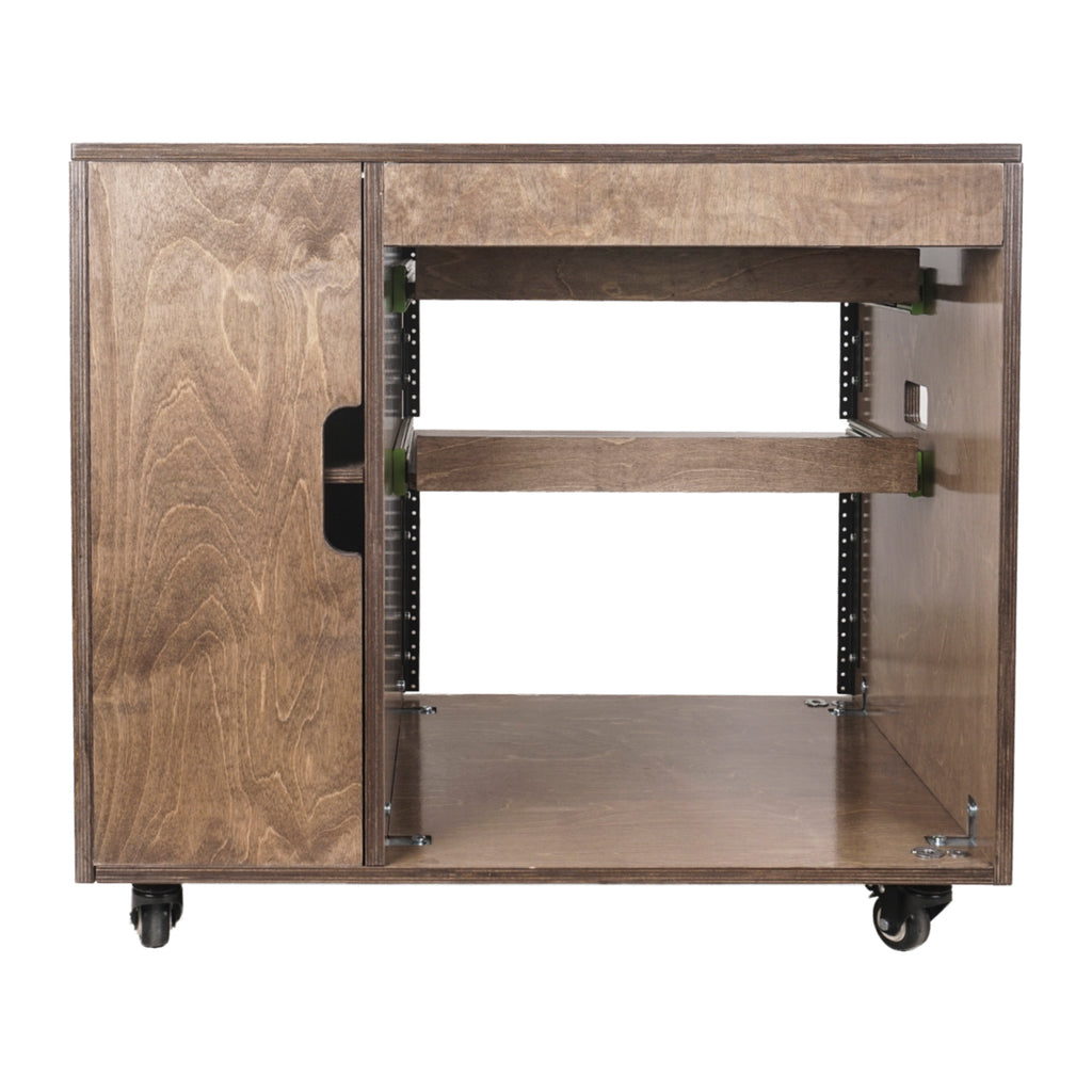 Sound Town SDRK-CR11B DIY 11U Plywood Studio Rack with Slide-Out Trays, Cabinet, Casters, Weathered Brown, for Recording Room, Home Studio - Back View